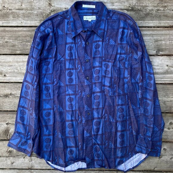 Vintage 1997 Christian Dior Circle Pattern Button Up Dress Shirt XL Blue - Picture 1 of 8